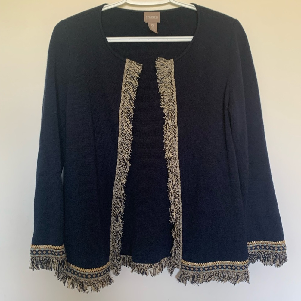 Chicos Cardigan Navy Blue Cotton Knit Open Front sweater Fringe Trim Small sz 0